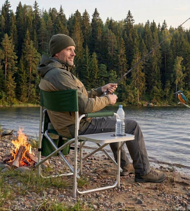 Scaun pliabil pentru camping si pescuit , masa laterala rabatabila cu suport pahar, max. 120 kg, 55x45x78 cm, verde [3]