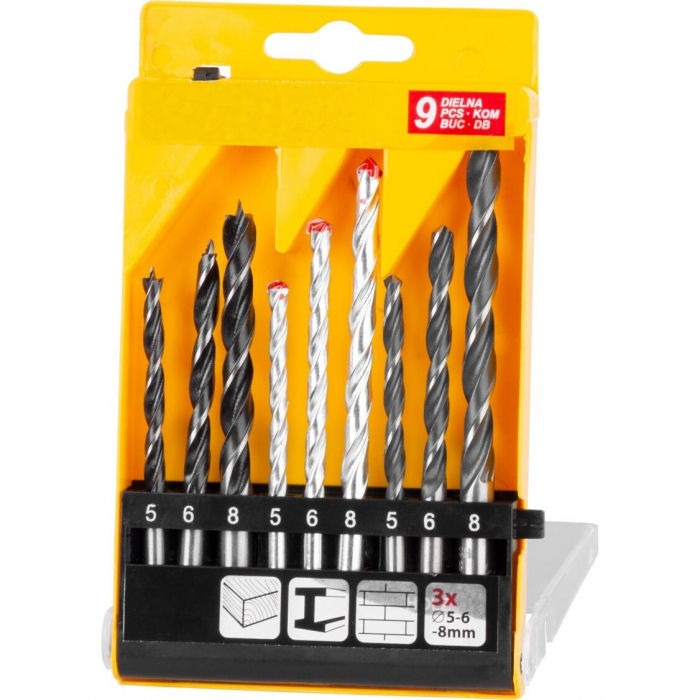 Set 9 bucati burghie mixte pentru lemn, metal, zidarie 5 mm, 6 mm, 8 mm in cutie transport plastic [1]