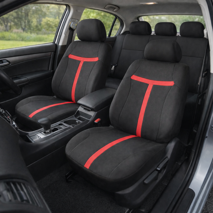 Set complet huse auto universale pentru scaune fata si spate, 9 piese cu tetiere incluse, design matlasat negru si rosu intens, material rezistent la uzura si murdarie, universale [3]