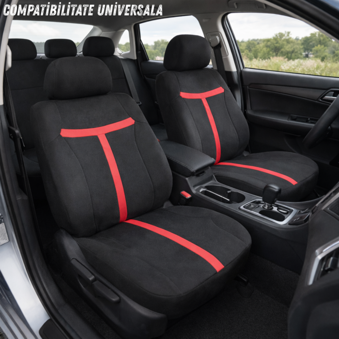 Set complet huse auto universale pentru scaune fata si spate, 9 piese cu tetiere incluse, design matlasat negru si rosu intens, material rezistent la uzura si murdarie, universale [2]