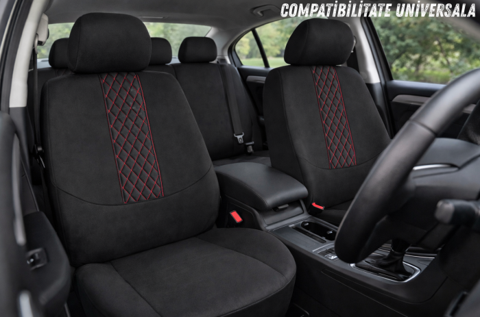 Set complet huse auto universale pentru scaune fata si spate, 9 piese cu tetiere incluse, design matlasat negru si rosu, material rezistent la uzura si murdarie, compatibile cu scaune cu airbag latera [2]