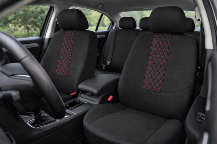 Set complet huse auto universale pentru scaune fata si spate, 9 piese cu tetiere incluse, design matlasat negru si rosu, material rezistent la uzura si murdarie, compatibile cu scaune cu airbag latera [5]