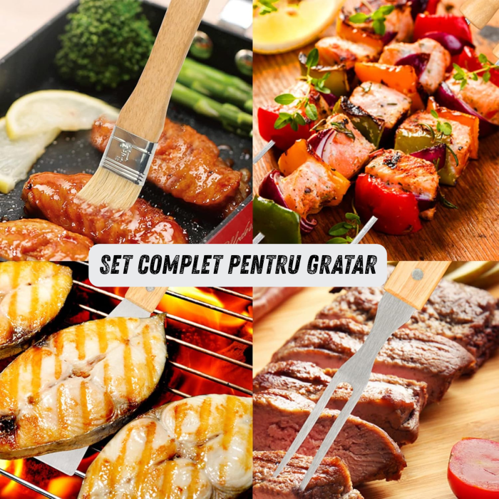 Set complet ustensile pentru gratar din inox cu manere din lemn, 11 piese esentiale pentru gatit in aer liber, livrat in geanta practica pentru depozitare si transport, ideal pentru fripturi, legume s [5]