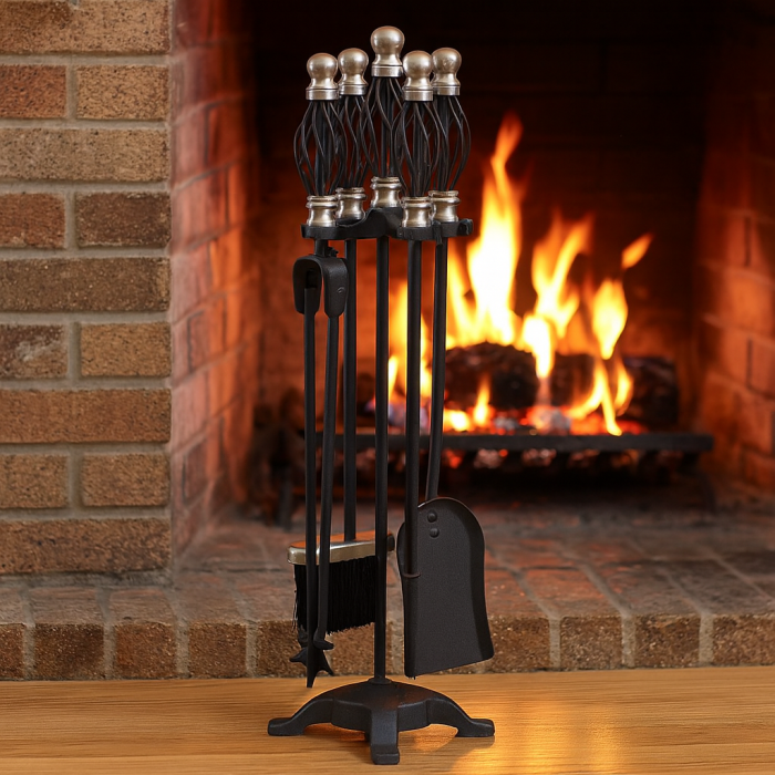 Set stativ metalic cu 4 unelte pentru semineu, maner placat cu nichel, inaltime 66 cm [4]