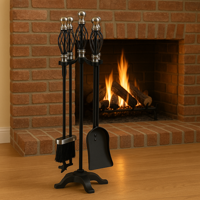 Set stativ metalic cu 4 unelte pentru semineu, maner placat cu nichel, inaltime 66 cm [6]