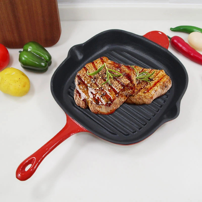 Tigaie Grill Fonta Emailata 27x27 cm, Compatibila cu Inductie, Gaz si Cuptor, Ideala pentru Steak, Burgeri, Carne si Legume [5]