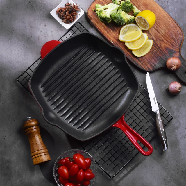 Tigaie Grill Fonta Emailata 27x27 cm, Compatibila cu Inductie, Gaz si Cuptor, Ideala pentru Steak, Burgeri, Carne si Legume [6]