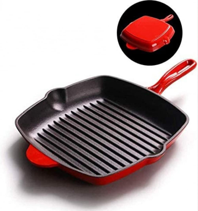Tigaie Grill Fonta Emailata 27x27 cm, Compatibila cu Inductie, Gaz si Cuptor, Ideala pentru Steak, Burgeri, Carne si Legume [4]