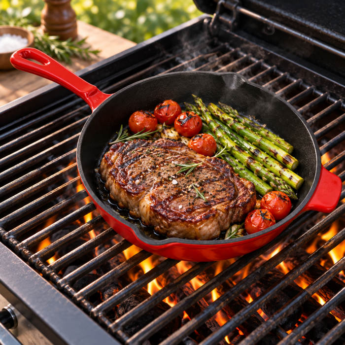 Tigaie din fonta emailata, 27x5 cm, pentru grill si gatit, compatibila inductie, gaz, electric, vitroceramica si cuptor, rosu/negru [4]