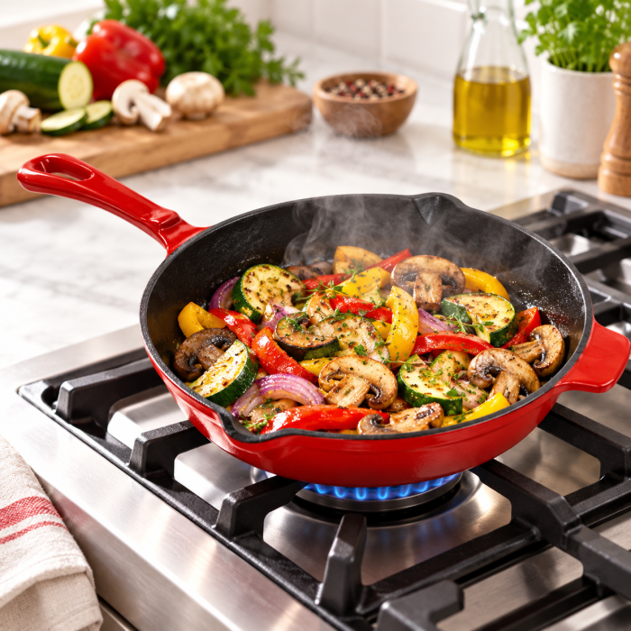Tigaie din fonta emailata, 27x5 cm, pentru grill si gatit, compatibila inductie, gaz, electric, vitroceramica si cuptor, rosu/negru [5]