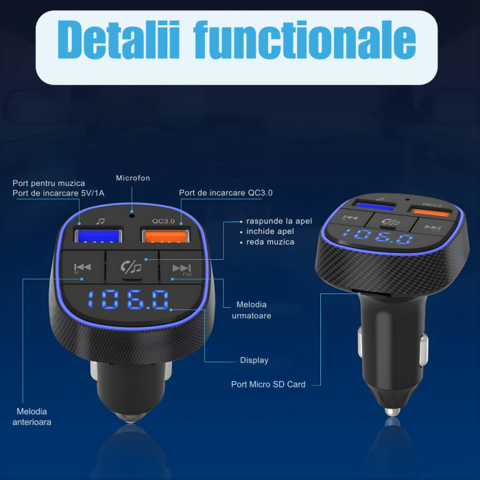 Modulator FM cu Bluetooth si USB, Redare Muzica, Apeluri Hands-Free, Compatibil Android si iOS, Frecventa 87.5–108 MHz, Incarcare Simultana a Doua Dispozitive, Modernizeaza Instant Orice Masina cu Rad [7]