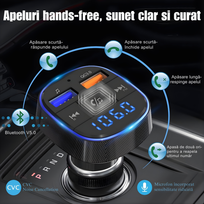 Modulator FM cu Bluetooth si USB, Redare Muzica, Apeluri Hands-Free, Compatibil Android si iOS, Frecventa 87.5–108 MHz, Incarcare Simultana a Doua Dispozitive, Modernizeaza Instant Orice Masina cu Rad [6]