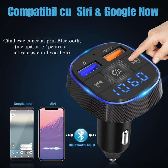 Modulator FM cu Bluetooth si USB, Redare Muzica, Apeluri Hands-Free, Compatibil Android si iOS, Frecventa 87.5–108 MHz, Incarcare Simultana a Doua Dispozitive, Modernizeaza Instant Orice Masina cu Rad [5]