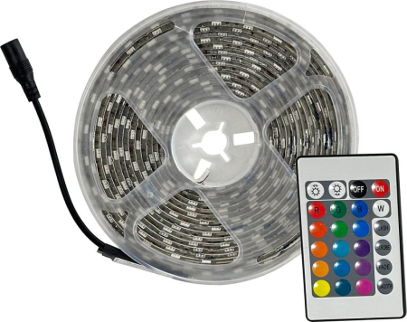 Corpuri iluminat comercial - Banda led 5050 RGB cu telecomanda, 5 m, 18W, 60 led/m, 360 lm intensitate reglabila, 5 moduri iluminare, IP65, alimentare 230V, autoadeziva