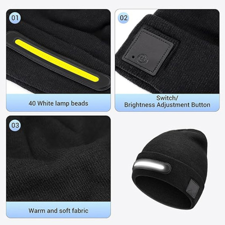Caciula cu lanterna LED, 40 cob LED, 140 lm, incarcare usb-c, baterie 750 mah, 3 moduri de iluminare, culoare negra [3]