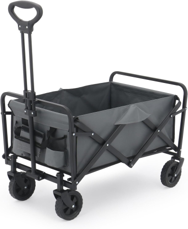 Carucior pliabil transport 100 L, sarcina maxima 60 kg, cadru metalic rezistent, roti mari, pliere rapida, 73x43x48 cm, pentru gradina, camping si cumparaturi, culoare gri [1]