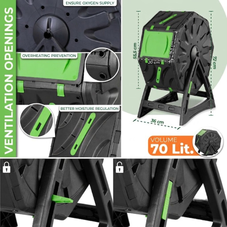 Compostor rotativ cu picioare, capacitate 70 L, sistem de aerisire, plastic rezistent la intemperii, 55,5 x 36 x 72 cm, negru [7]