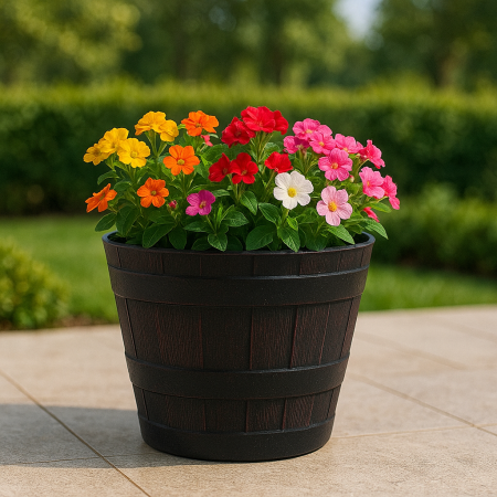 Ghiveci decorativ rotund din plastic, efect lemn teak, 39x24 cm [4]