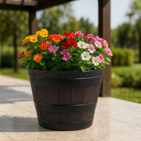 Ghiveci decorativ rotund din plastic, efect lemn teak, 39x24 cm [3]