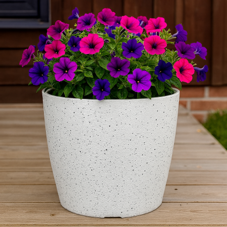 Ghiveci pentru flori din plastic rezistent, culoare alba, Stone Effect, diametru 23 cm, inaltime 20.5 cm, cu orificiu scurgere [2]