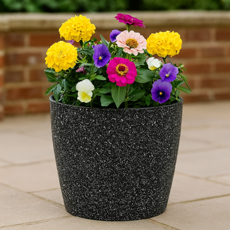 Ghiveci pentru flori din plastic rezistent, culoare neagra, Stone Effect, diametru 23 cm, inaltime 20.5 cm, cu orificiu scurgere [2]