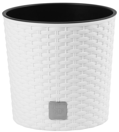 Produse EmagMarketplace - Ghiveci rotund alb, plastic rezistent, imitatie ratan, diametru 20 cm, inaltime 19 cm