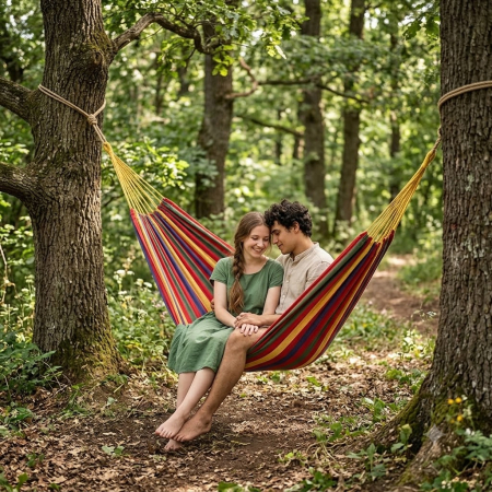 Hamac din bumbac rezistent 240x160 cm, suporta 200 kg, pentru gradina, terasa, camping si relaxare, multicolor [3]