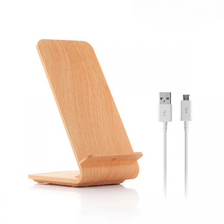 Incarcatoare telefoane - Incarcator wireless FastCharge cu stand Qistan01 pentru telefon, lemn bambus, alimentare USB, 10W