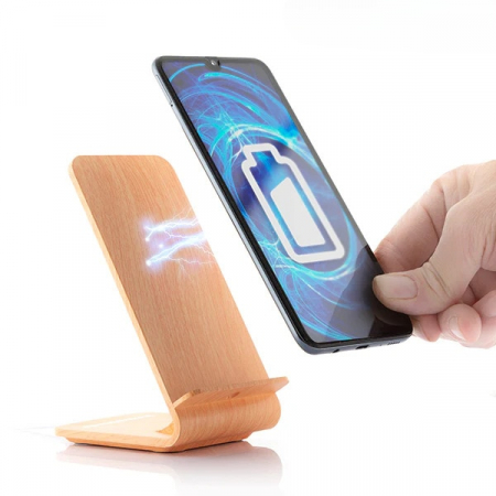 Incarcator wireless FastCharge cu stand Qistan01 pentru telefon, lemn bambus, alimentare USB, 10W [1]