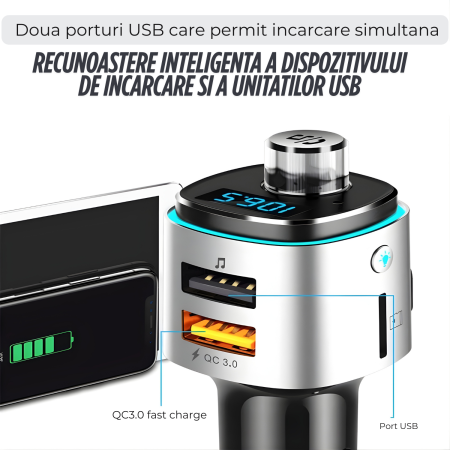 Modulator FM auto cu Bluetooth pentru redare muzica si apeluri hands-free, 2 porturi USB-A pentru incarcare si redare, slot microSD pentru MP3, buton rotativ multifunctional, compatibil Android si iOS [5]