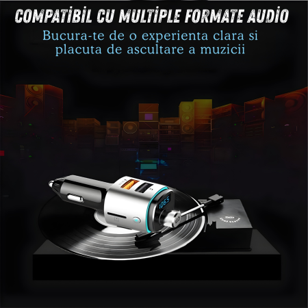 Modulator FM auto cu Bluetooth pentru redare muzica si apeluri hands-free, 2 porturi USB-A pentru incarcare si redare, slot microSD pentru MP3, buton rotativ multifunctional, compatibil Android si iOS [6]