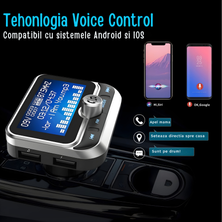 Modulator FM auto cu Bluetooth pentru redare muzica si apeluri hands-free, buton rotativ multifunctional, 2 porturi USB-A, slot microSD, sunet clar si conectivitate stabila, compatibil Android si iOS, [4]