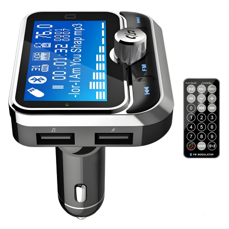 Modulator FM auto cu Bluetooth pentru redare muzica si apeluri hands-free, buton rotativ multifunctional, 2 porturi USB-A, slot microSD, sunet clar si conectivitate stabila, compatibil Android si iOS, [1]
