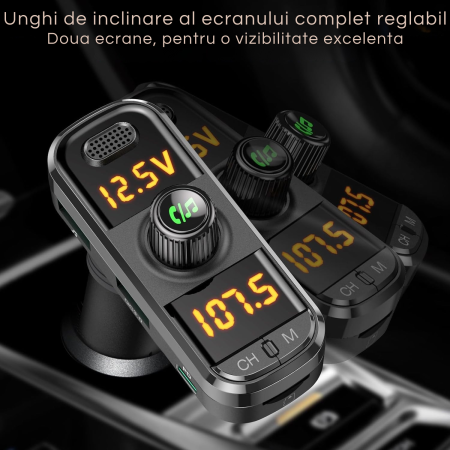 Modulator FM auto cu design ergonomic în forma de L pentru instalare usoara in vehicule cu spatiu limitat, modul Bluetooth pentru redare muzica wireless si apeluri hands-free, 3 porturi USB [8]