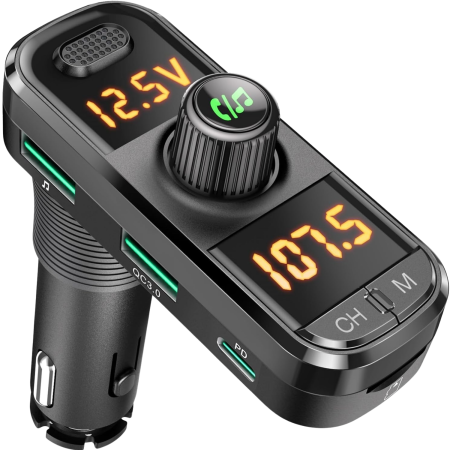 Auto & Electronice - Modulator FM auto cu design ergonomic în forma de L pentru instalare usoara in vehicule cu spatiu limitat, modul Bluetooth pentru redare muzica wireless si apeluri hands-free, 3 porturi USB