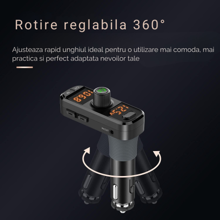 Modulator FM auto cu design ergonomic în forma de L pentru instalare usoara in vehicule cu spatiu limitat, modul Bluetooth pentru redare muzica wireless si apeluri hands-free, 3 porturi USB [2]