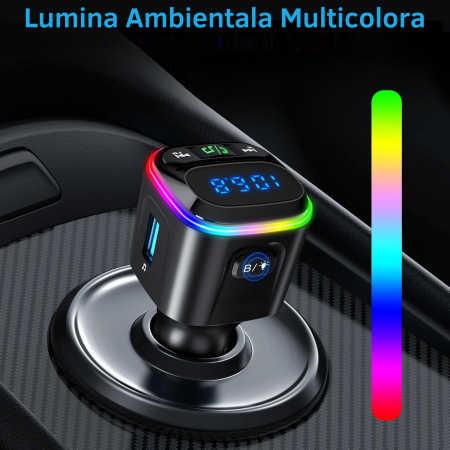 Modulator FM auto multifunctional cu Bluetooth integrat, suport microSD, incarcare rapida prin 2 USB-C si USB-A, apeluri hands-free si redare muzica din mai multe surse, alimentare 12–24 V [4]