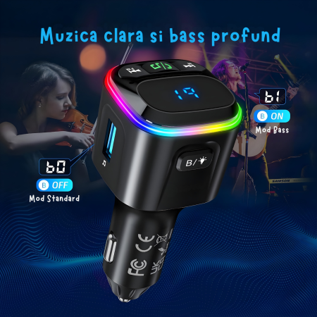 Modulator FM auto multifunctional cu Bluetooth integrat, suport microSD, incarcare rapida prin 2 USB-C si USB-A, apeluri hands-free si redare muzica din mai multe surse, alimentare 12–24 V [5]
