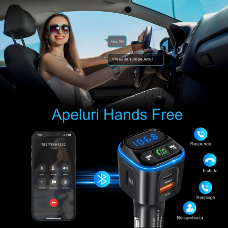Modulator FM auto multifunctional cu Bluetooth integrat, suport microSD, incarcare rapida prin 2 USB-C si USB-A, apeluri hands-free si redare muzica din mai multe surse, alimentare 12–24 V [3]