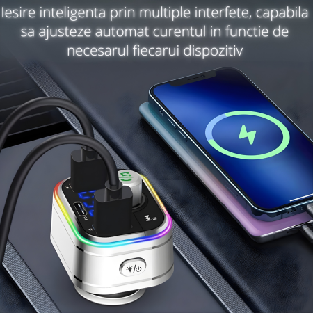 Modulator FM auto multifunctional cu Bluetooth, redare muzica din telefon, USB si MicroSD, 2 porturi USB-A si 1 port USB-C pentru incarcare rapida, microfon hands-free, control intuitiv, compatibil An [3]