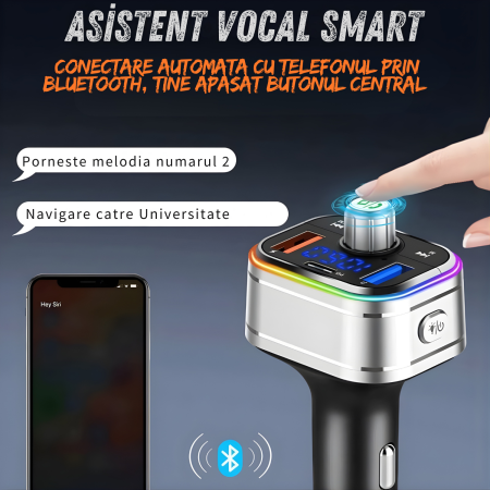 Modulator FM auto multifunctional cu Bluetooth, redare muzica din telefon, USB si MicroSD, 2 porturi USB-A si 1 port USB-C pentru incarcare rapida, microfon hands-free, control intuitiv, compatibil An [5]