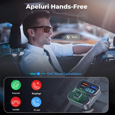 Modulator FM auto multifunctional cu Bluetooth, redare muzica wireless, 2 porturi USB-A, 1 port USB-C pentru incarcare rapida, microfon hands-free, control prin butoane, compatibil Android si iOS, ali [7]