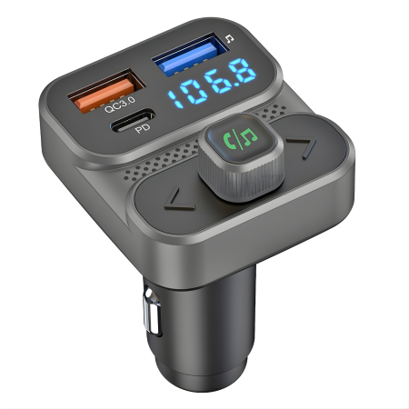 Auto & Electronice - Modulator FM auto multifunctional cu Bluetooth, redare muzica wireless, 2 porturi USB-A, 1 port USB-C pentru incarcare rapida, microfon hands-free, control prin butoane, compatibil Android si iOS, ali