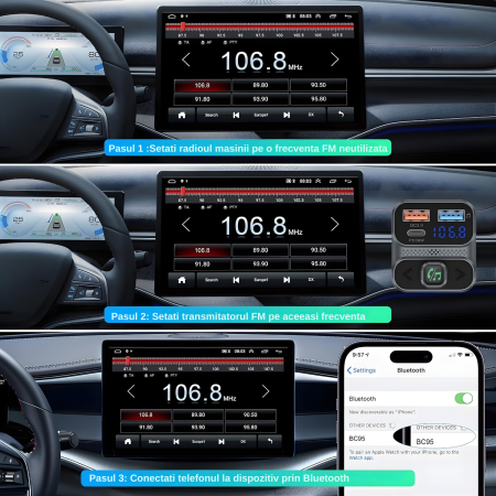 Modulator FM auto multifunctional cu Bluetooth, redare muzica wireless, 2 porturi USB-A, 1 port USB-C pentru incarcare rapida, microfon hands-free, control prin butoane, compatibil Android si iOS, ali [2]