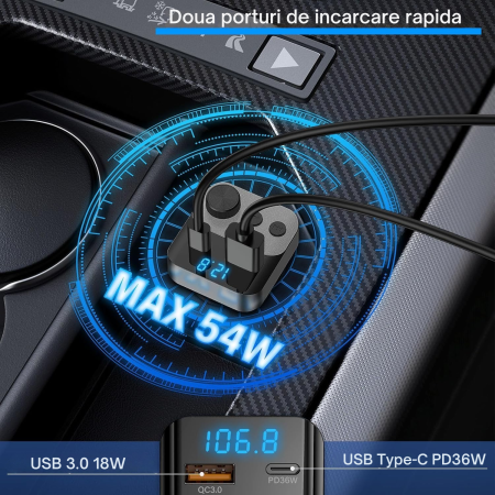 Modulator FM auto multifunctional cu Bluetooth, USB-A si USB-C pentru incarcare rapida, functie handsfree cu microfon incorporat, control prin buton rotativ pentru volum si frecventa [6]