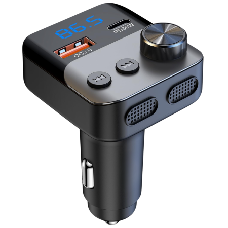 Auto & Electronice - Modulator FM auto multifunctional cu Bluetooth, USB-A si USB-C pentru incarcare rapida, functie handsfree cu microfon incorporat, control prin buton rotativ pentru volum si frecventa
