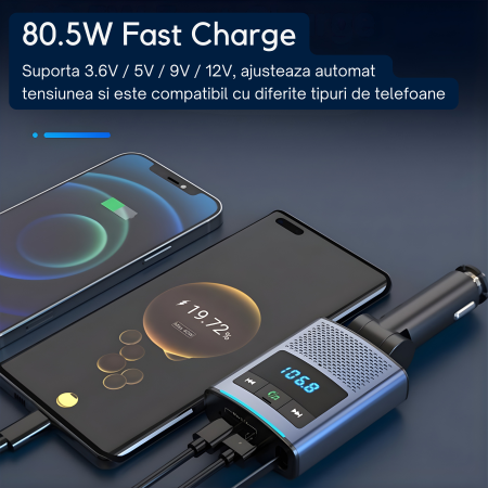 Modulator FM multifunctional cu Bluetooth, cablu USB-C retractabil, port USB-A si USB-C pentru incarcare rapida, redare muzica wireless si apeluri hands-free, compatibil Android si iOS [1]