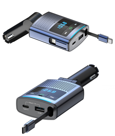 Modulator FM multifunctional cu Bluetooth, cablu USB-C retractabil, port USB-A si USB-C pentru incarcare rapida, redare muzica wireless si apeluri hands-free, compatibil Android si iOS [8]