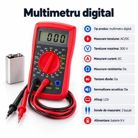 Aparate de masura si control - Multimetru digital, tensiune AC/DC pana la 300 V, masurare curent DC si rezistenta, test diode, semnalizare acustica, ecran LCD, sonde test, baterie 9 V inclusa