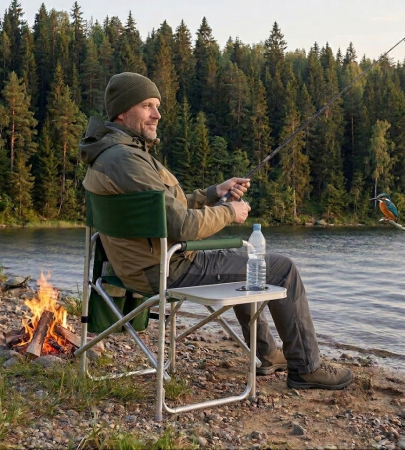 Scaun pliabil pentru camping si pescuit , masa laterala rabatabila cu suport pahar, max. 120 kg, 55x45x78 cm, verde [2]
